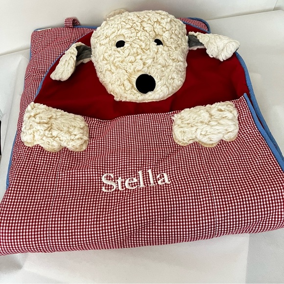 Pottery Barn Kids Red White Blue Gingham Sleeping Bag Shaggy Dog Pup Checkers - Picture 7 of 16